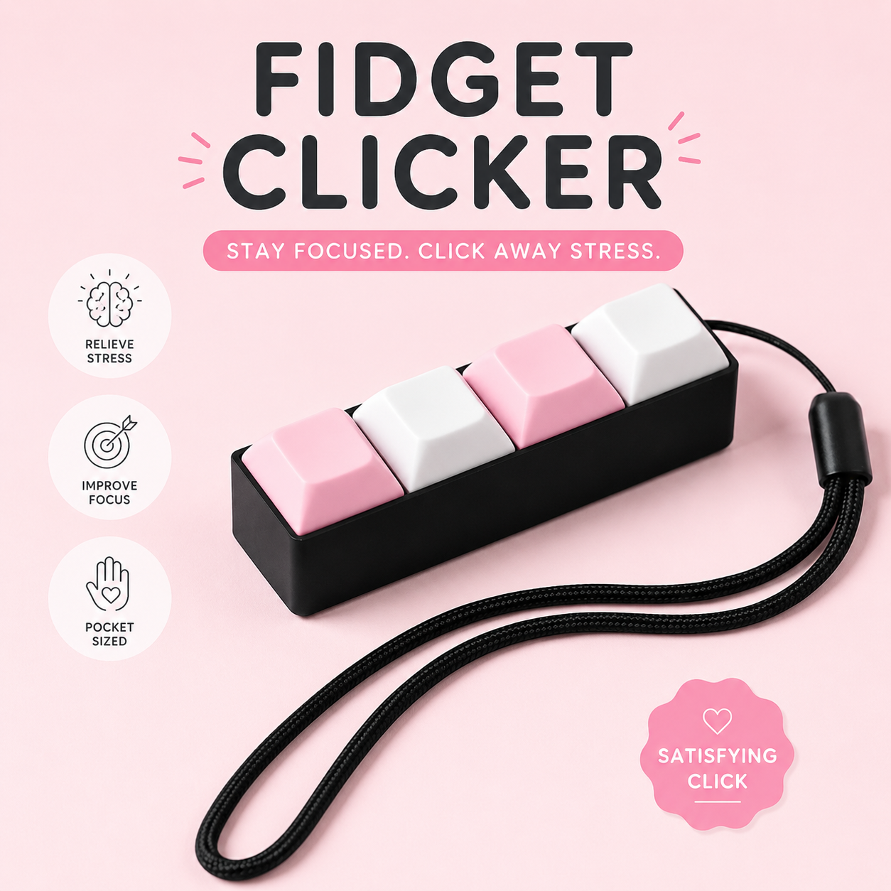 Fidget clicker with pink and white buttons on a pink background