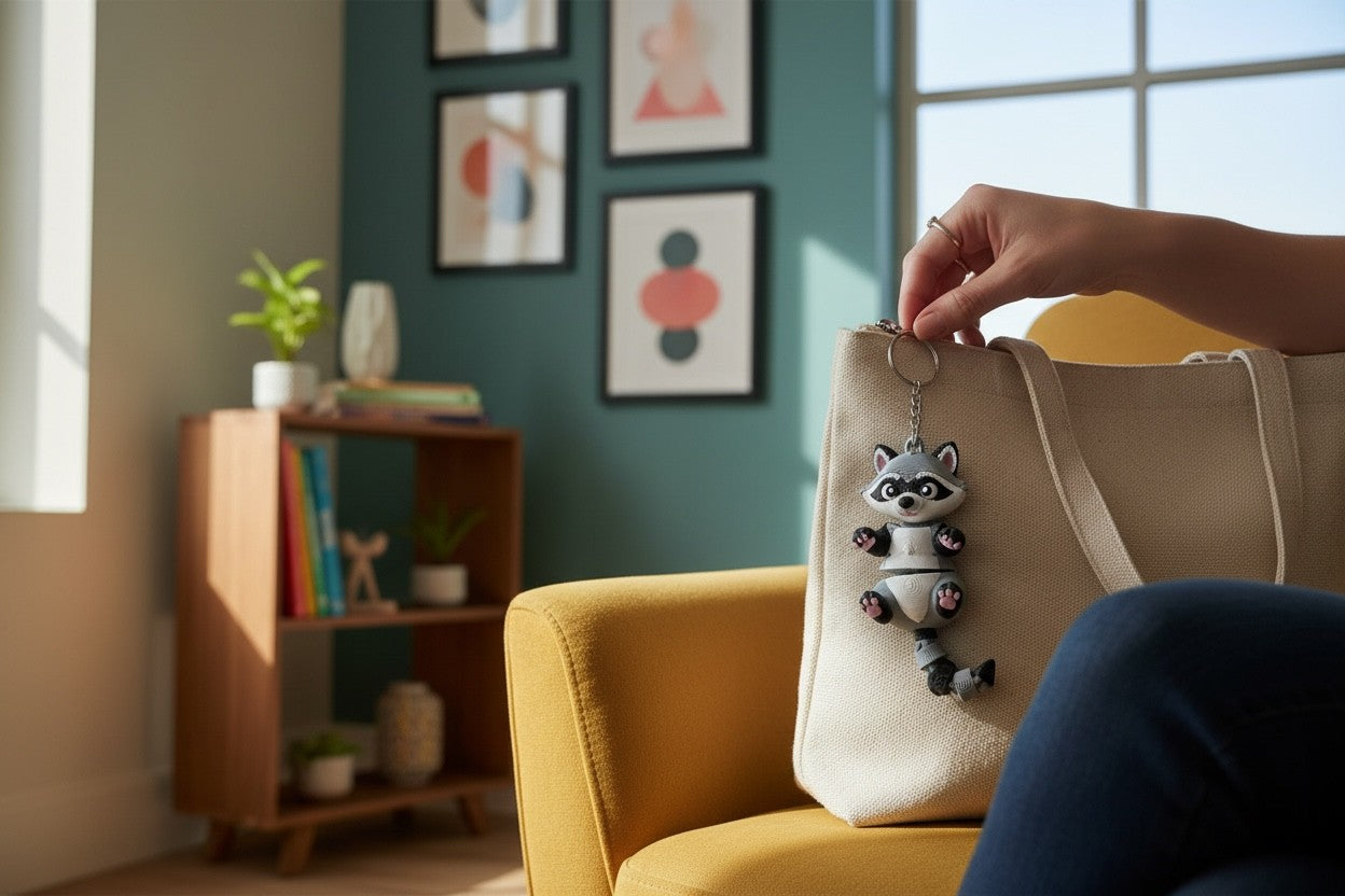 Person holding a beige tote bag with a raccoon keychain in a living room.