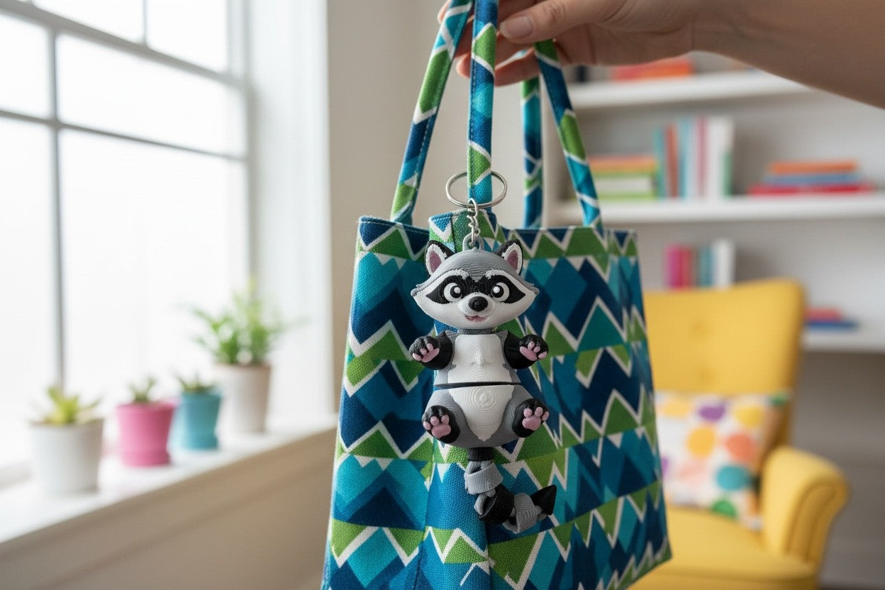 Tote bag with raccoon keychain held by a hand in a room with a yellow chair and books.