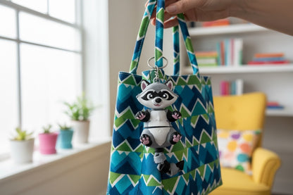 Tote bag with raccoon keychain held by a hand in a room with a yellow chair and books.