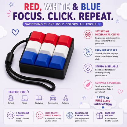 Keycaps in red, white, and blue with features listed on a white background