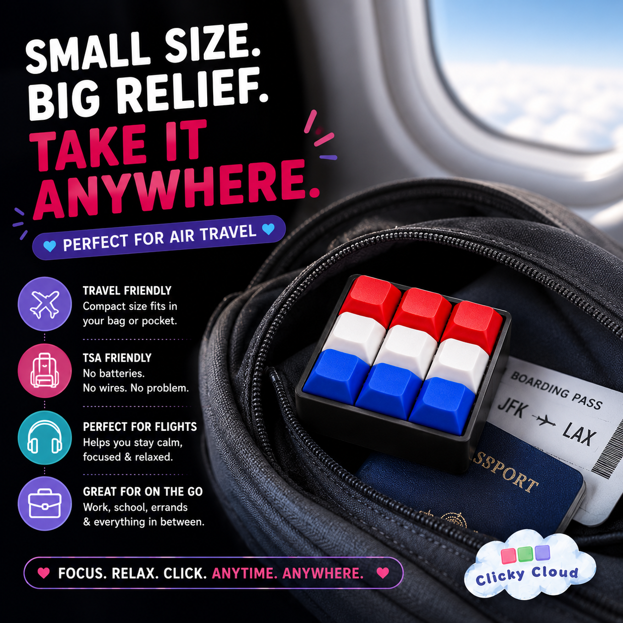 Product with red, white, and blue design in a travel context, featuring text about its features.