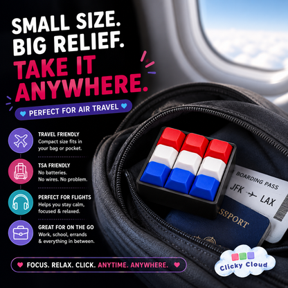 Product with red, white, and blue design in a travel context, featuring text about its features.