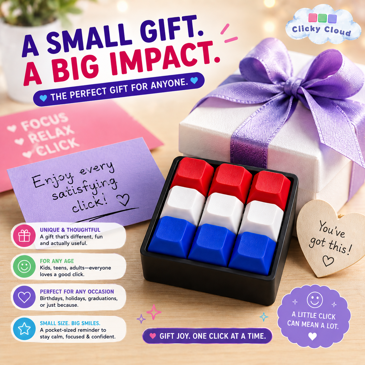 Clicky Cloud product with red, white, and blue keys on a wooden surface, surrounded by promotional text and a gift box.