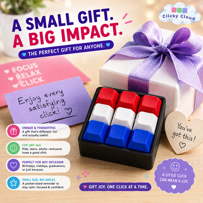Clicky Cloud product with red, white, and blue keys on a wooden surface, surrounded by promotional text and a gift box.