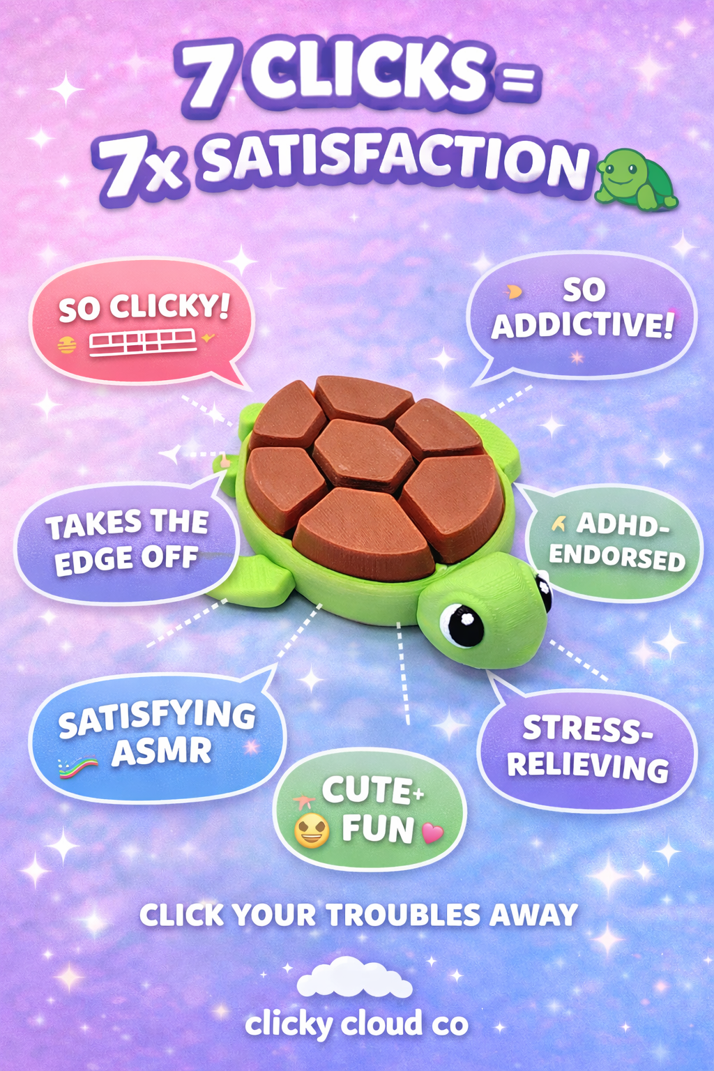Promotional graphic for a clicky turtle toy with text highlighting its features on a purple background.