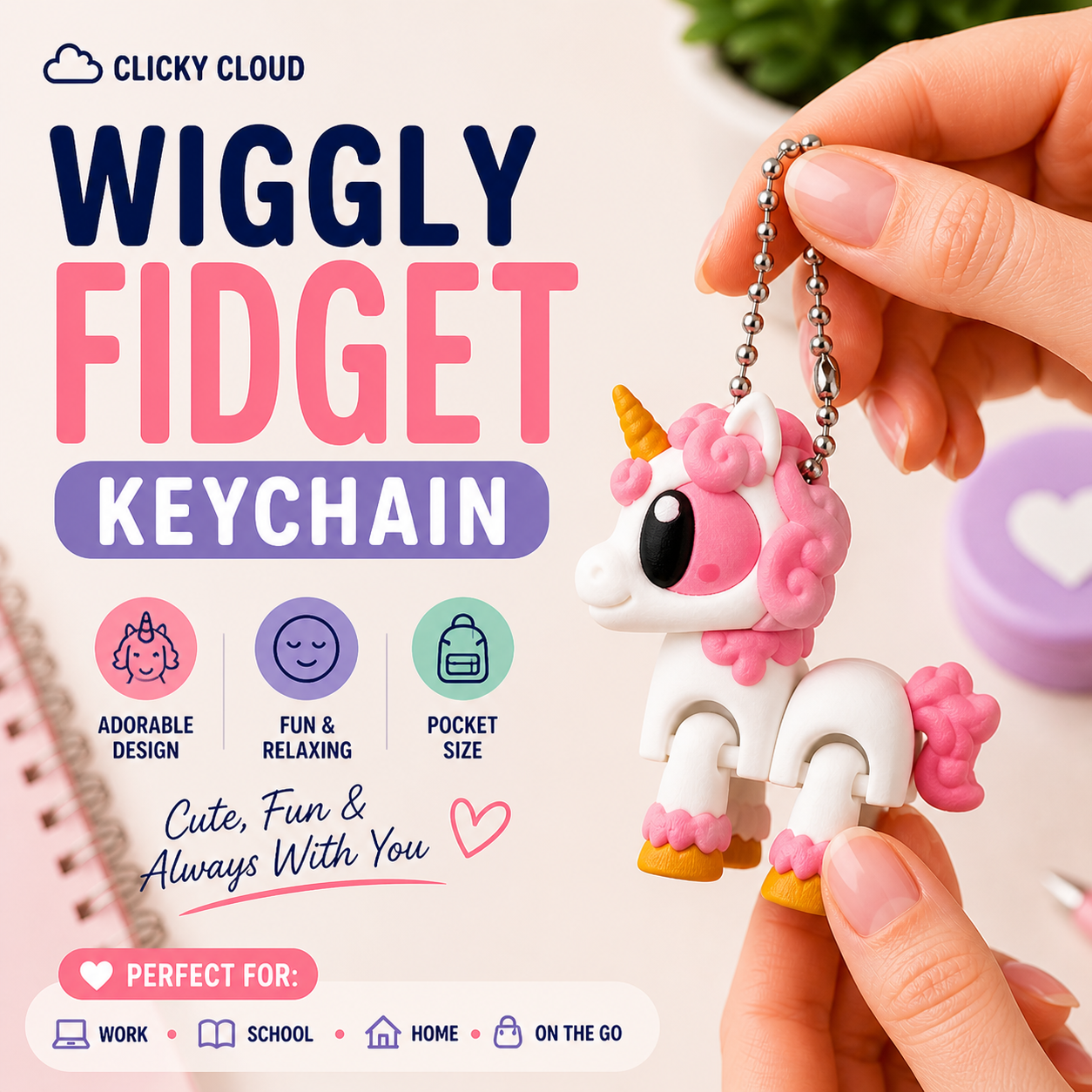 Pink and white fidget keychain shaped like a unicorn held by a hand, with promotional text about the product.