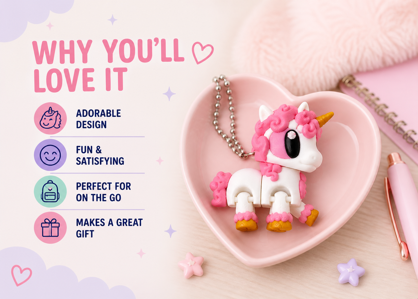 Pink and white unicorn keychain on a heart-shaped pink stand with text listing reasons to love it.