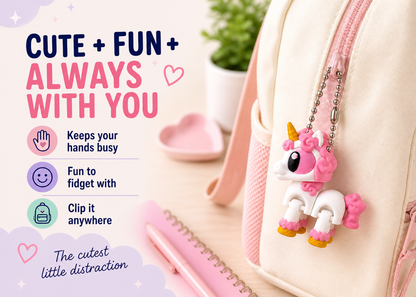 Pink fidget toy shaped like a unicorn attached to a backpack with promotional text.