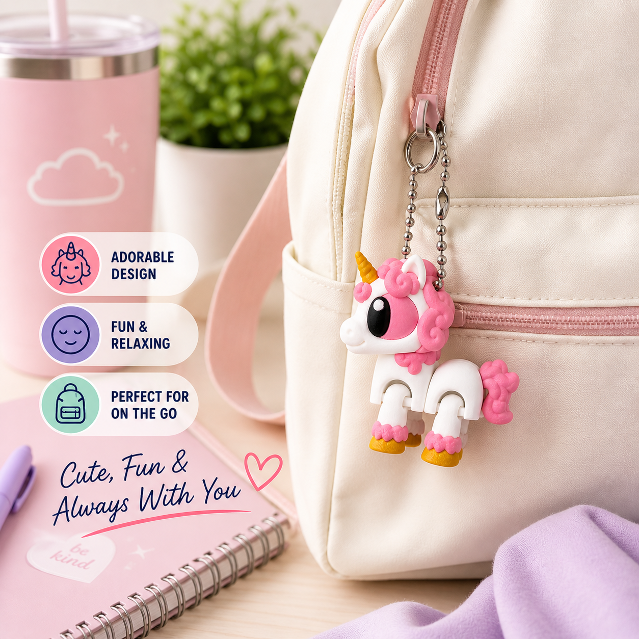 Unicorn keychain attached to a pink bag with a pink tumbler and notebook in the background.