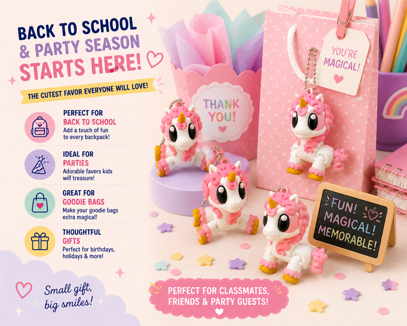Promotional image of pink unicorn favors with text about back-to-school and party season.