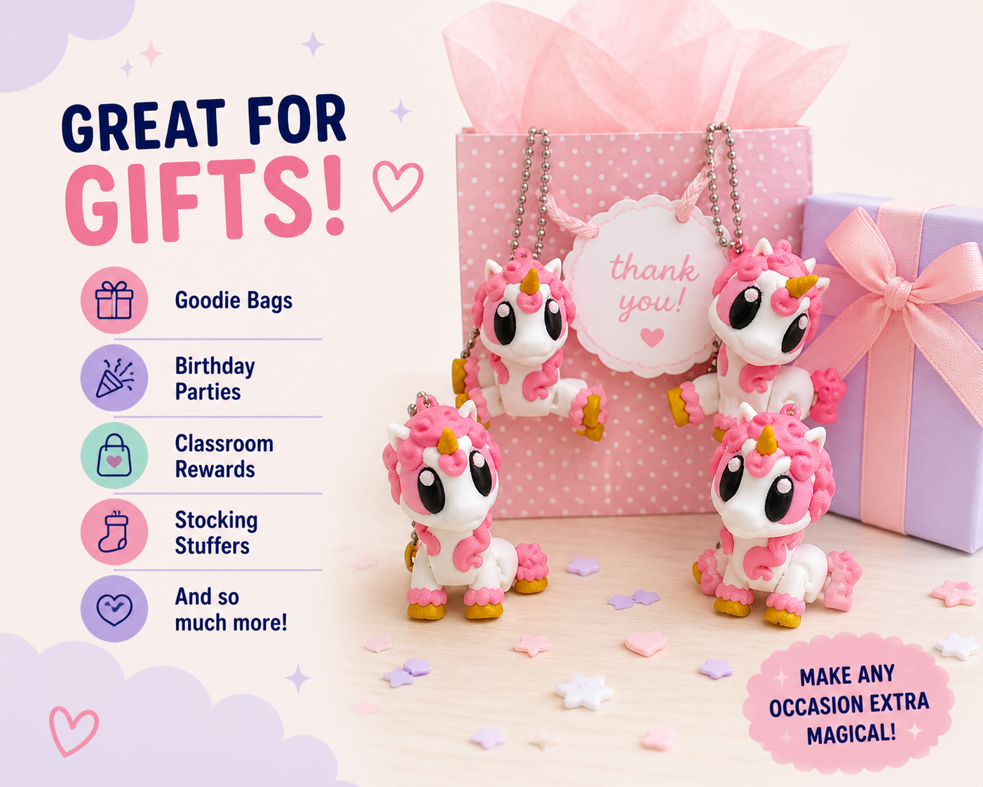 Pink unicorn keychains with gift bag and text about uses for gifts