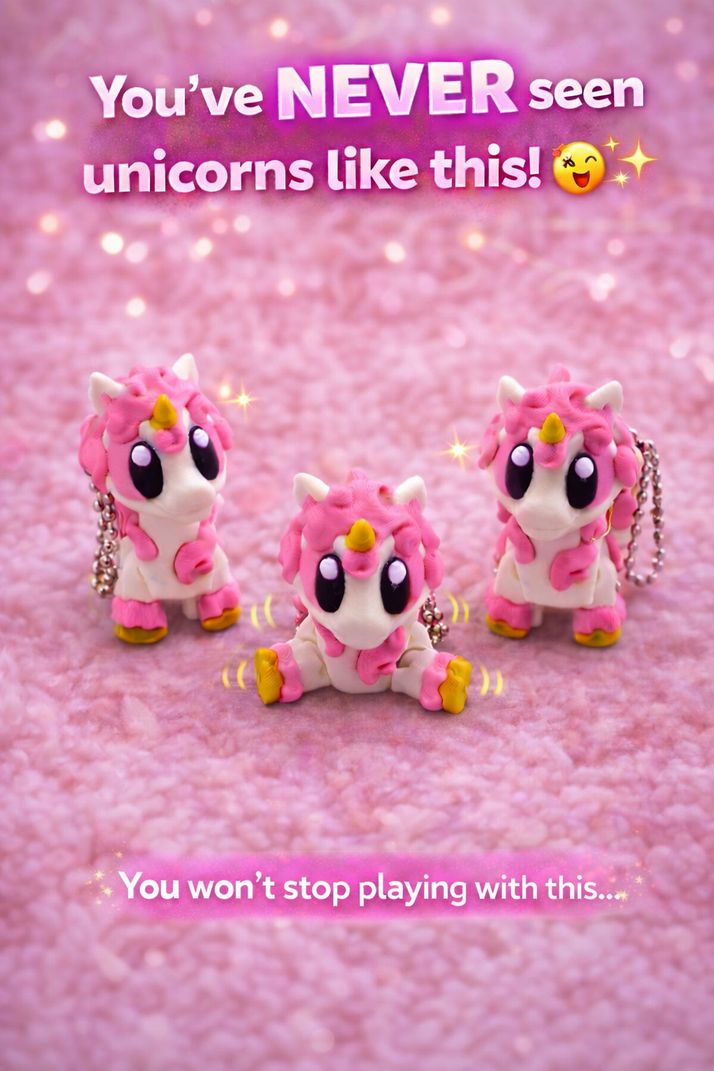 Pink unicorn figurines on a pink background with promotional text.