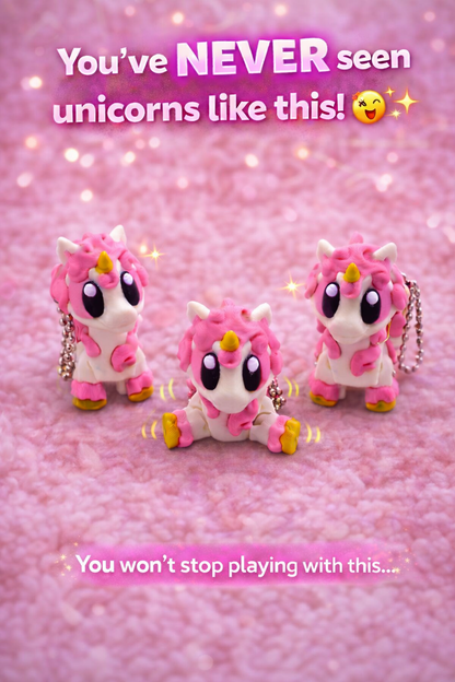 Pink unicorn figurines on a pink background with promotional text.