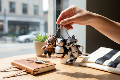 Keychain with animal figures held by a hand on a table with a blurred city street background